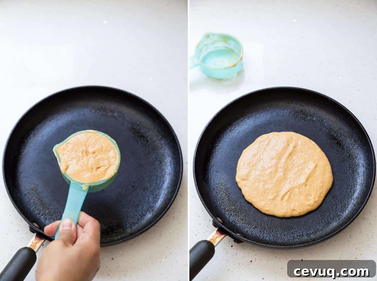 Fluffy Buttermilk Pumpkin Spice Pancakes 7 Use a measuring cup to measure batter for pumpkin pie spice pancakes.