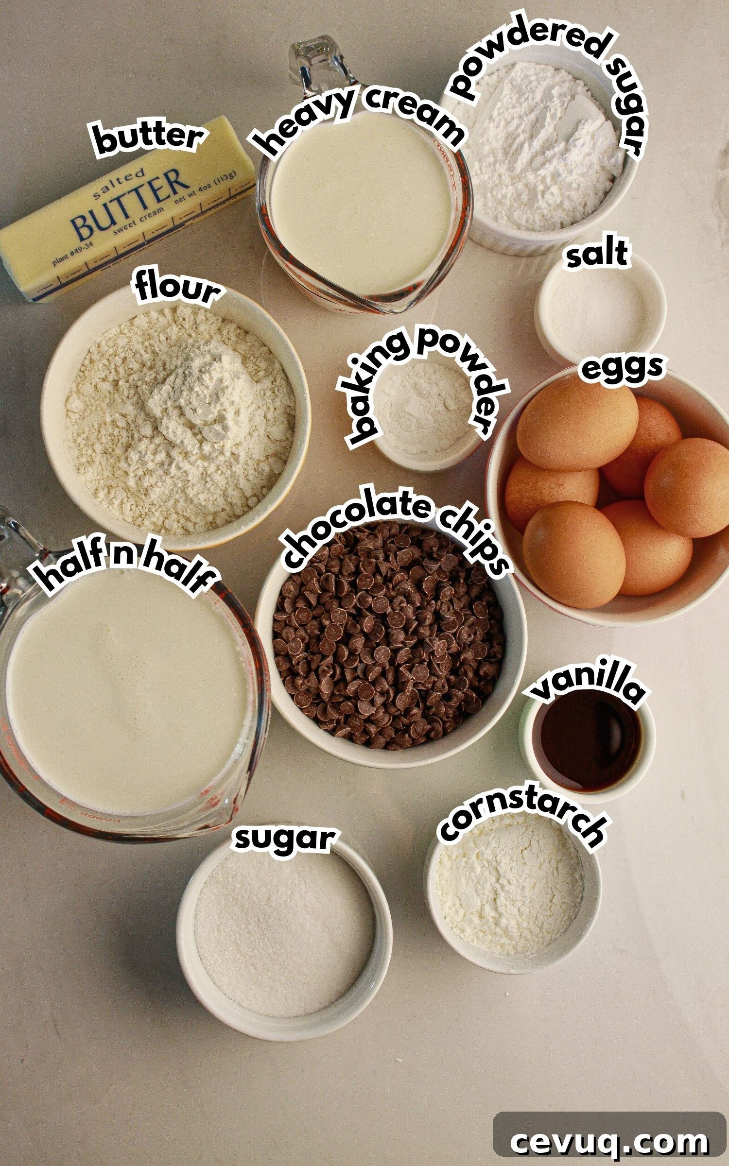 Bowls of ingredients labeled with text on a counter.