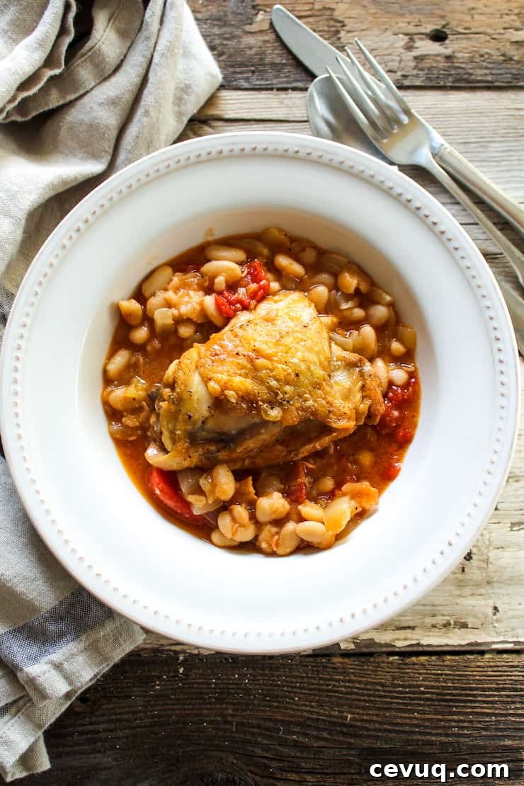 Plated chicken thigh over white beans.