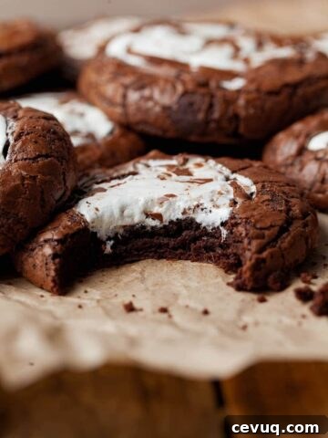 gluten free hot cocoa cookies with swirls of marshmallow fluff on brown parchment paper