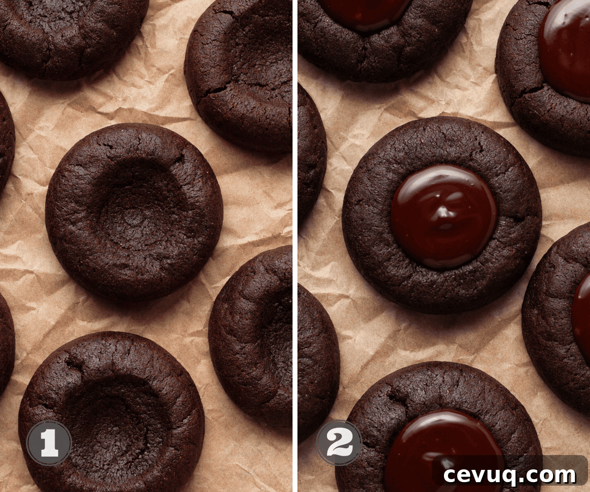 baked and filled chocolate thumbprint cookies