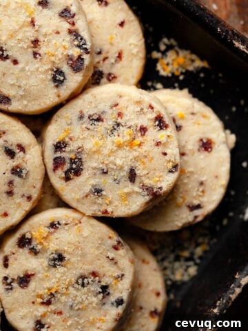 Gluten Free Orange Cranberry Shortbread with orange zest and dried cranberries on a dark sheet tray