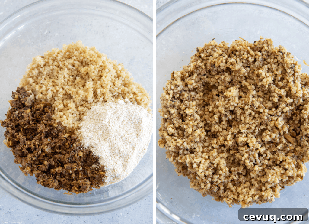 picture collage demonstrating how to make the batter for glutenfree mushroom quinoa burger patties