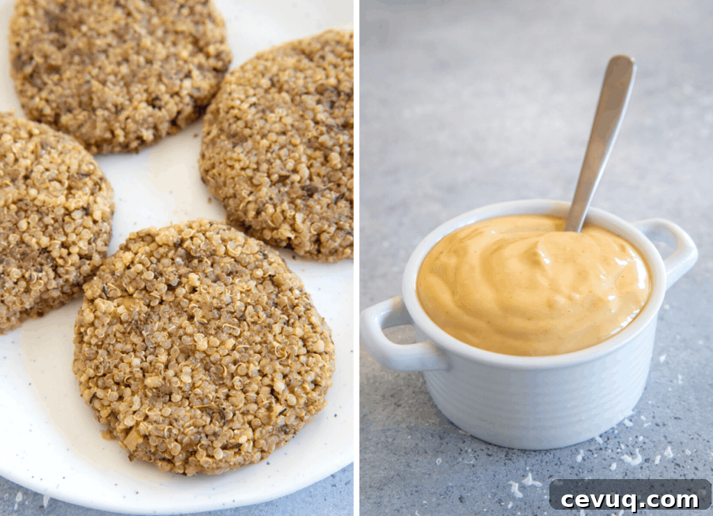 a picture collage with quinoa mushroom burger patties and a small bowl of homemade miso aioli 