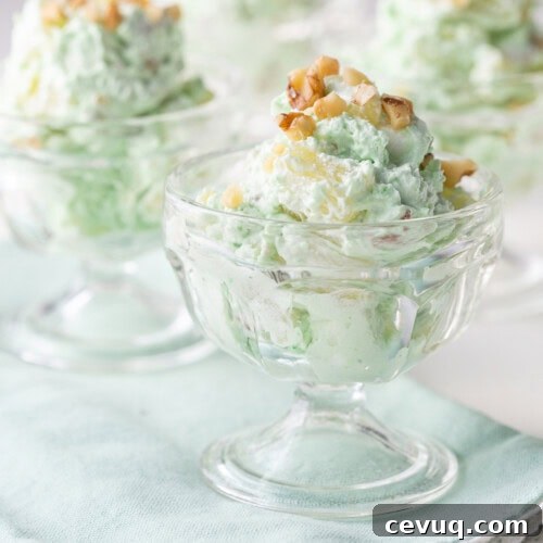 glass parfait dishes filled with pistachio salad, topped with chopped walnuts