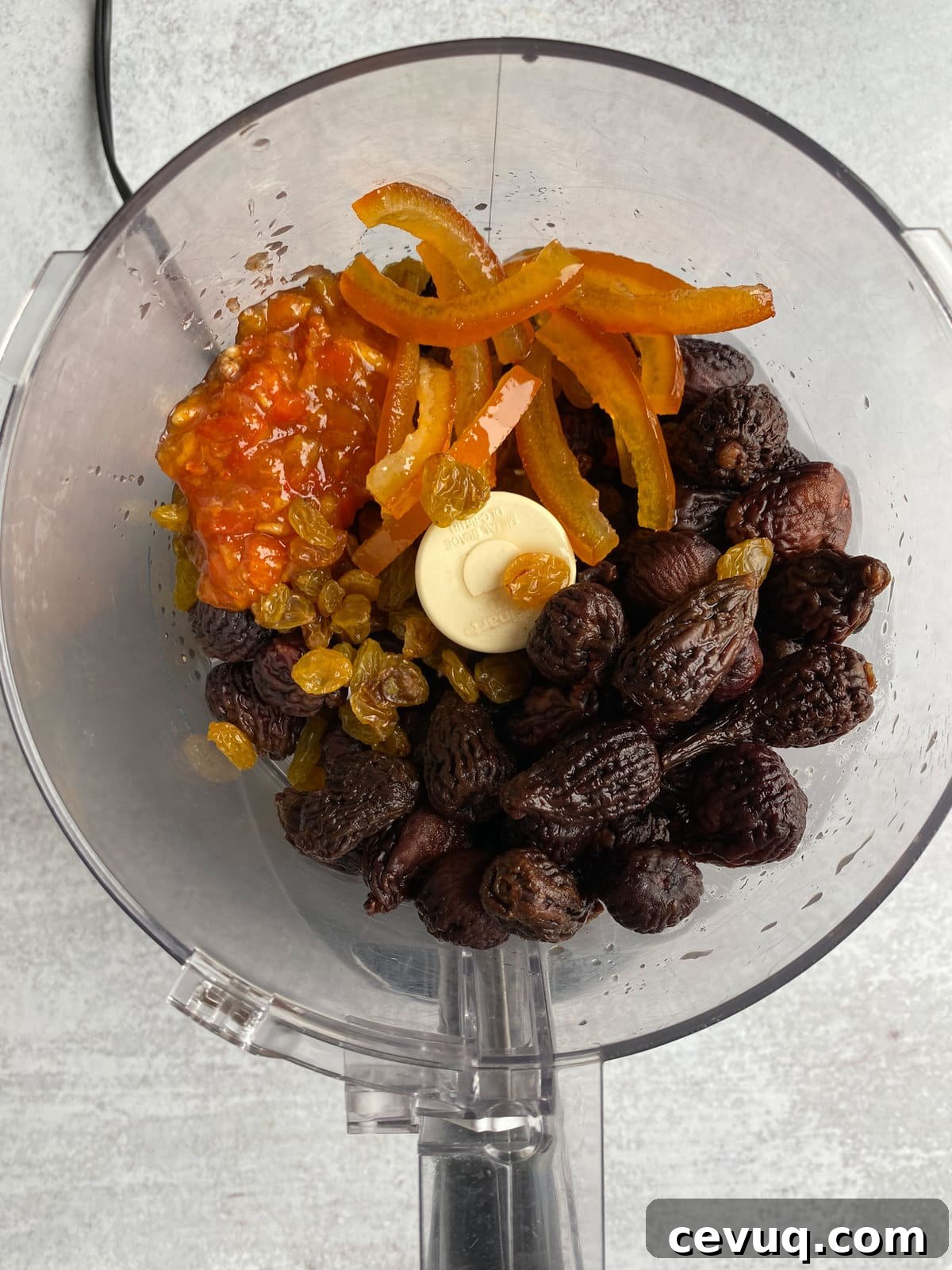 Dried fruit added to the food processor.