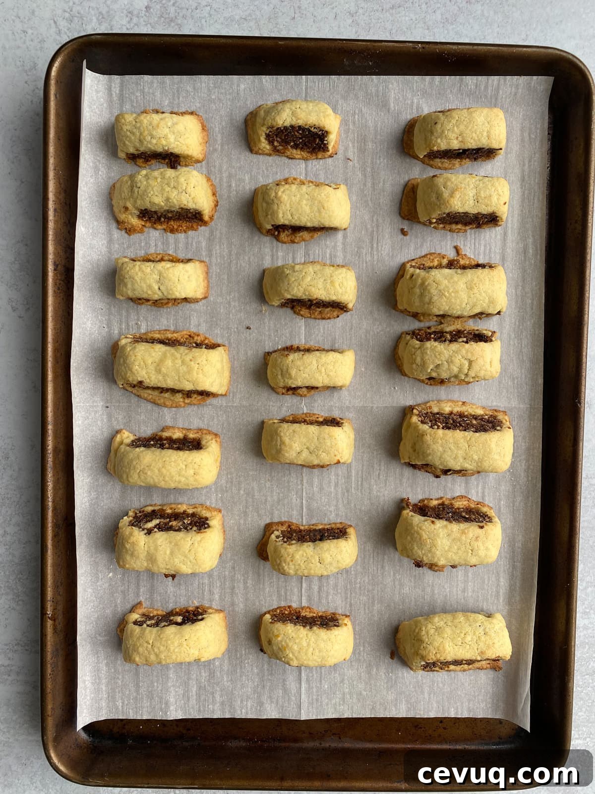 Baked Italian fig cookies on cookie sheet.