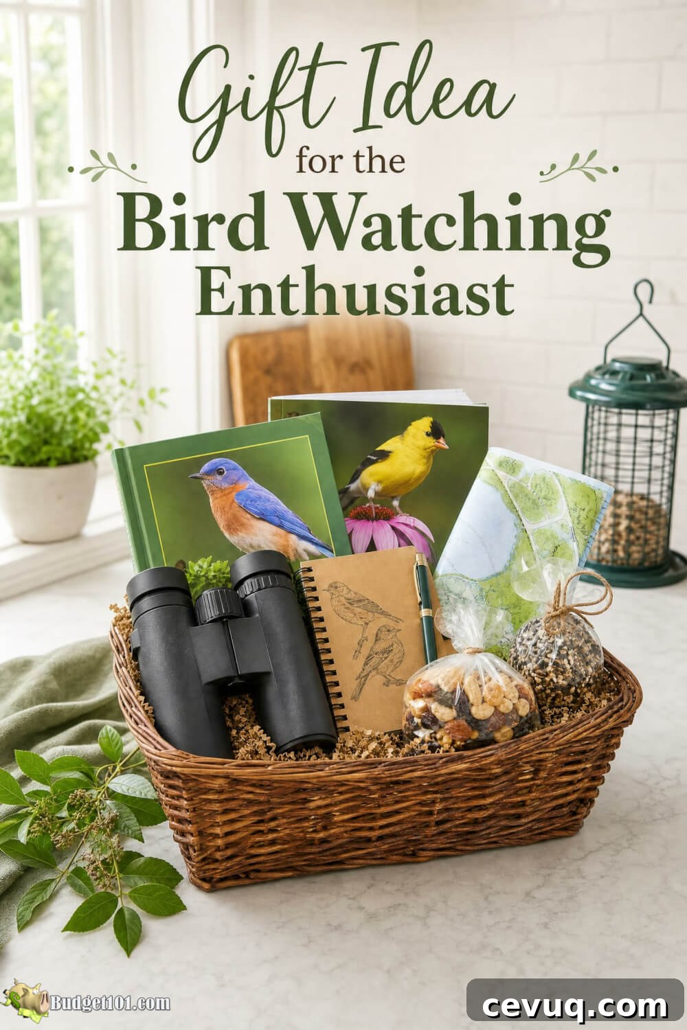 Bird-watching gift container filled with binoculars, nature guides, a logbook, pen, maps, trail mix, and outdoor bird treats