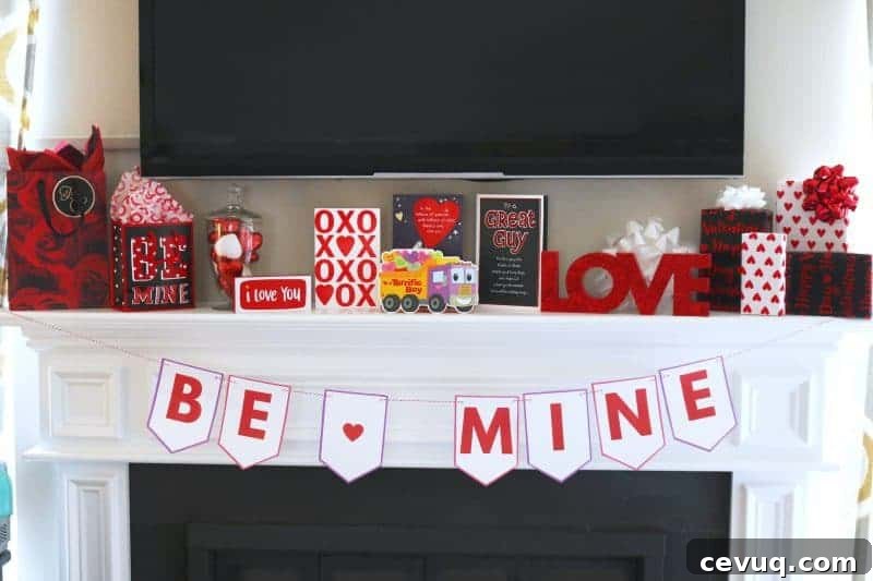 DIY Valentine banner hung across a mantel