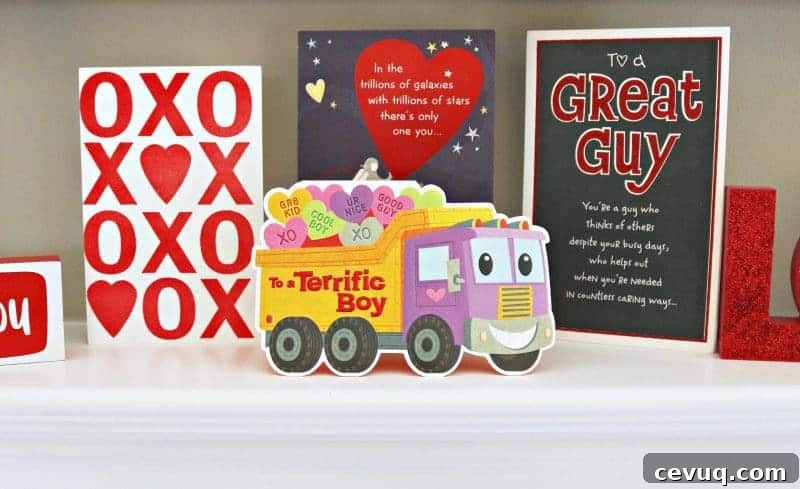 Valentine cards displayed on a mantel
