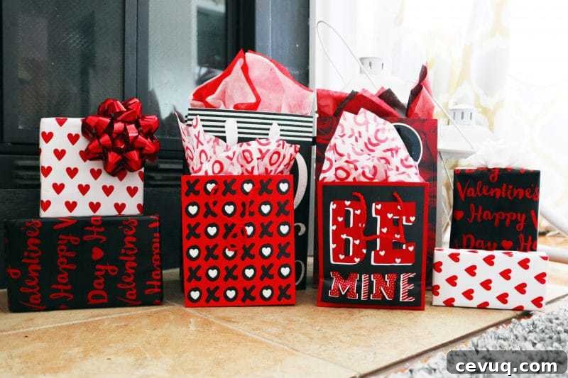 Wrapped Valentine's gifts on mantel
