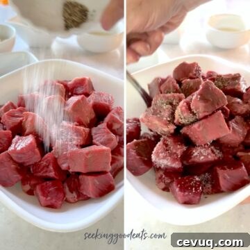 Tossing steak bites with salt and pepper in a white bowl.