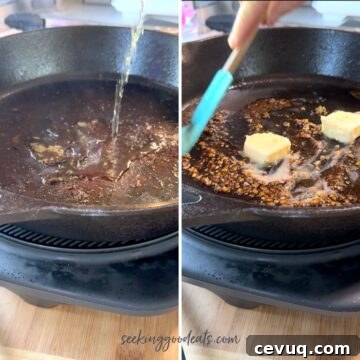 De-glazing a cast iron skillet with vinegar then adding butter and garlic.