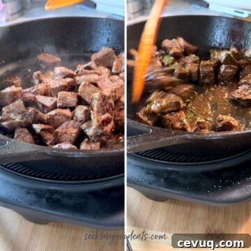 Stirring the steak bites in garlic butter sauce.