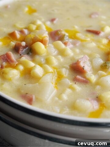 Corn chowder with ham, potatoes, and jalapenos in bowl.