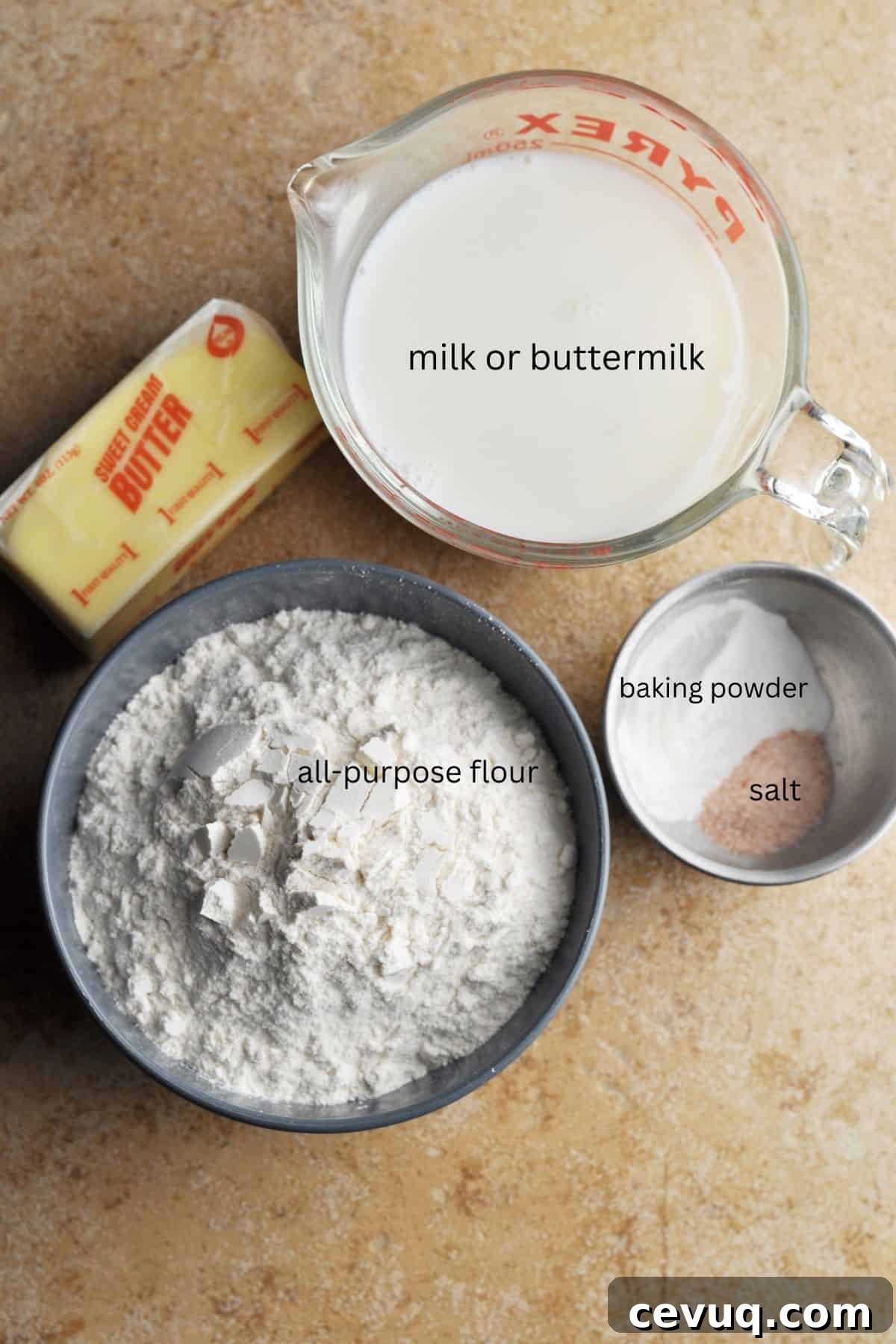 Ingredients for biscuits, including flour, baking powder, salt, butter, and milk.