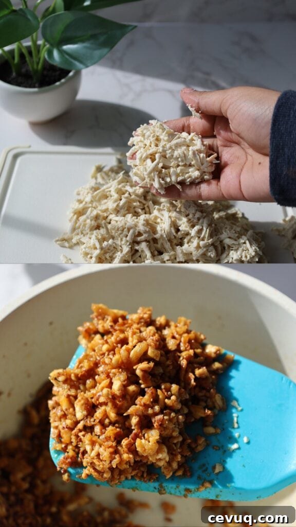 Shredded tofu close up