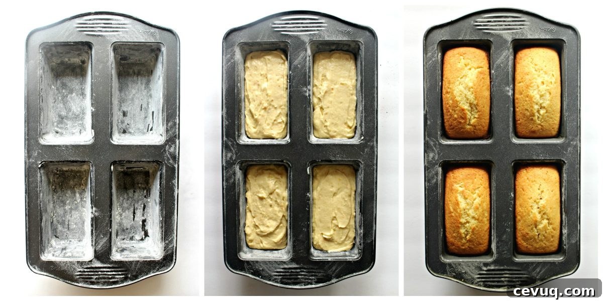 Collage for baking process: flour pans, fill with batter, bake until golden.