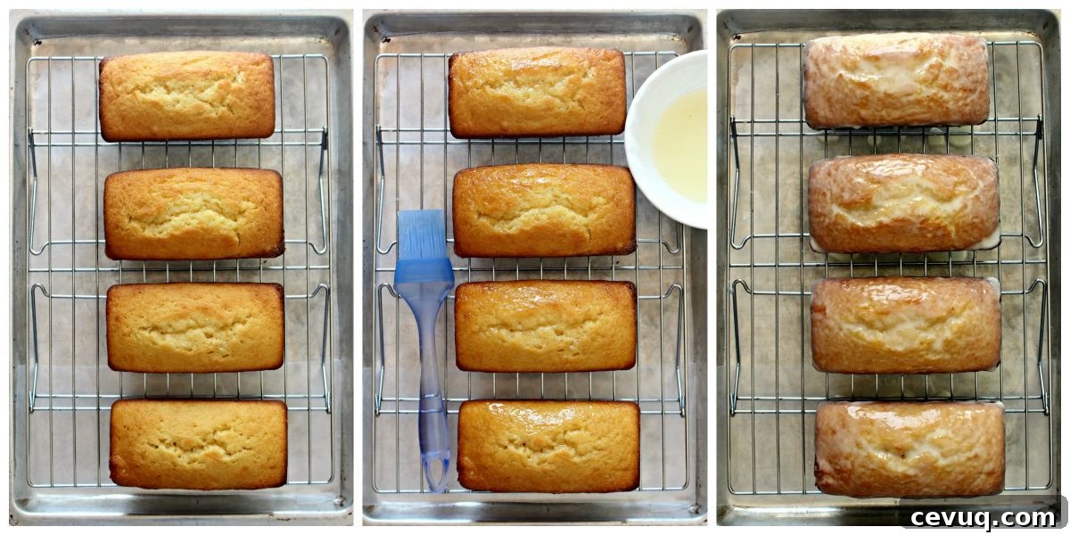Collage of icing the loaves: set loaves on rack, brush with syrup, top with glaze.