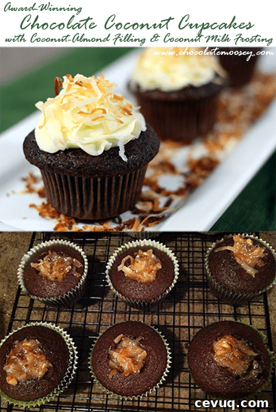 Award-Winning Chocolate Coconut Cupcakes with Coconut Almond Filling and Coconut Milk Frosting