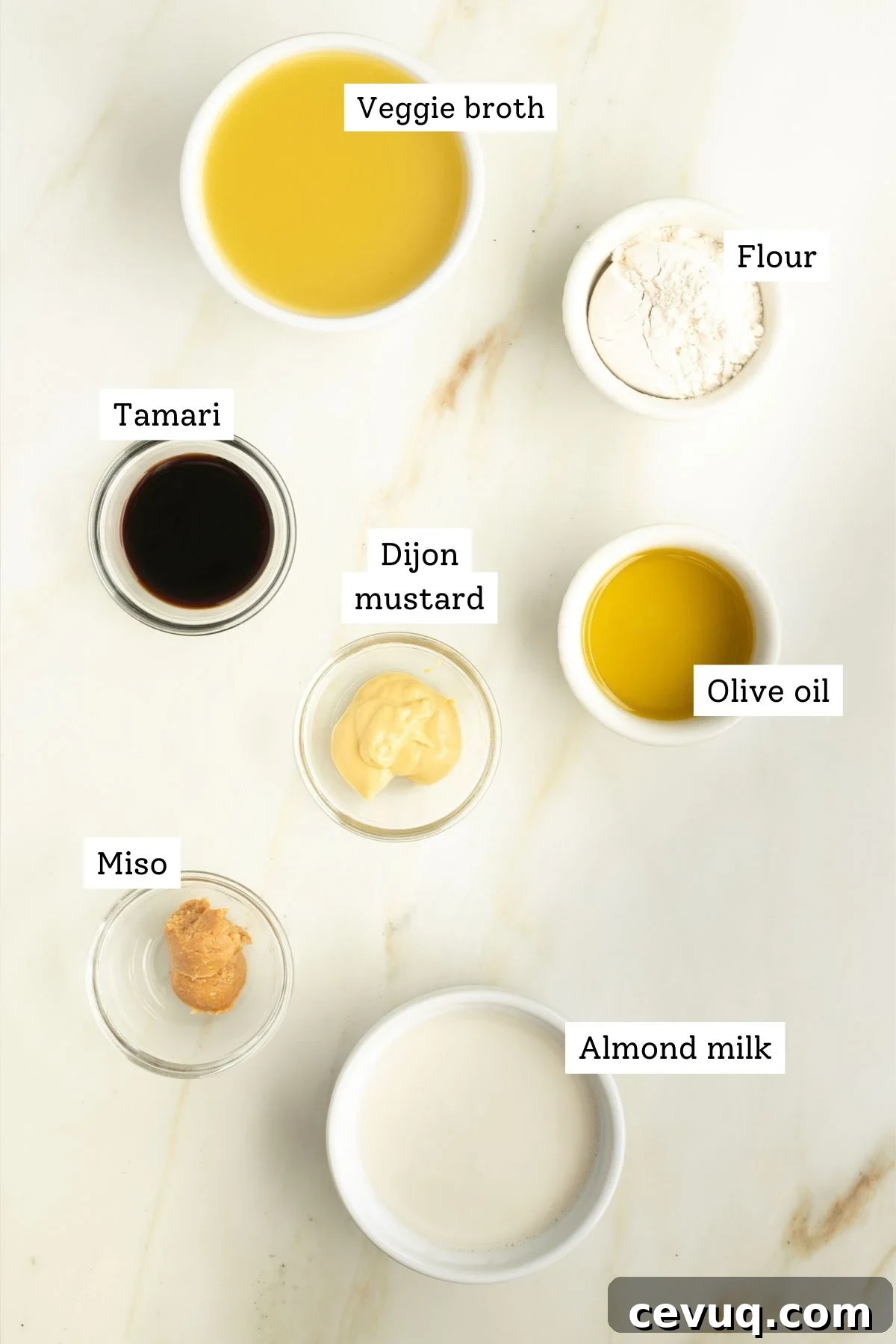 Labeled ingredients for Swedish meatball sauce.