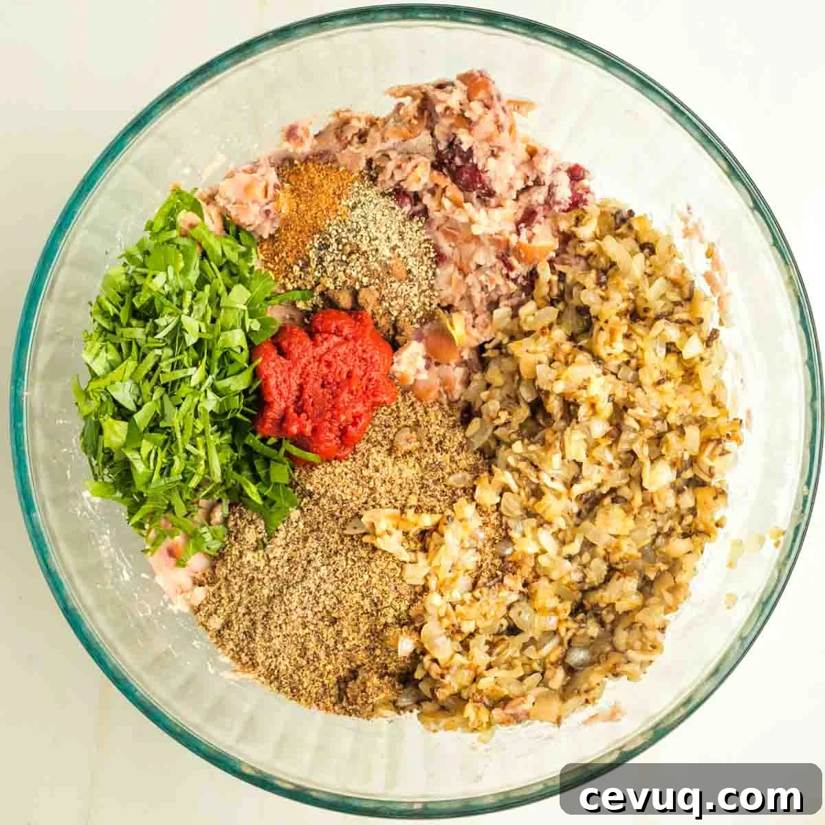 Mashed beans, sauteed mushrooms and onions, tomato paste, chopped parsley, ground flax and spices in a glass mixing bowl.