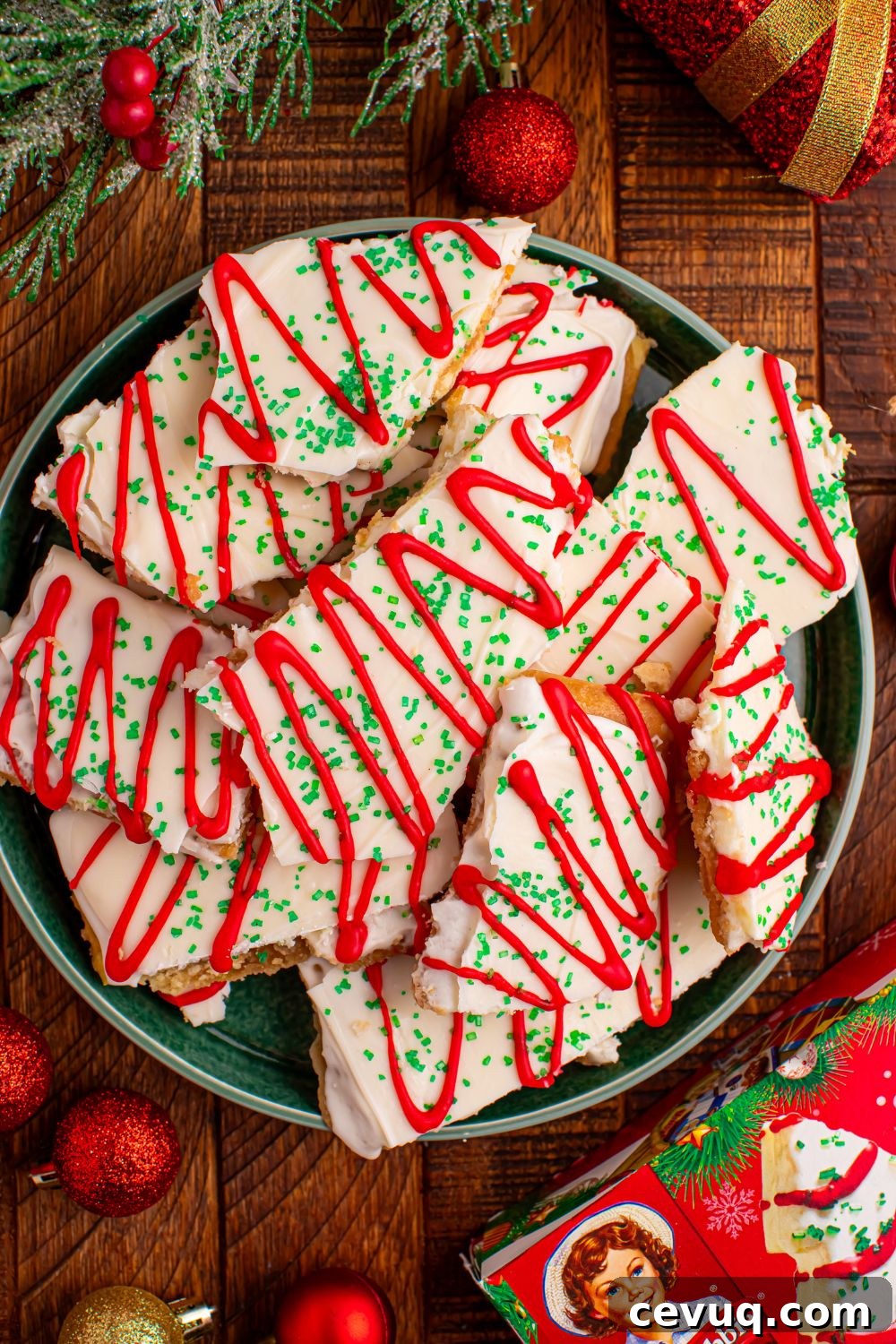 Christmas Tree Crack on a plate with holiday decor around the plate