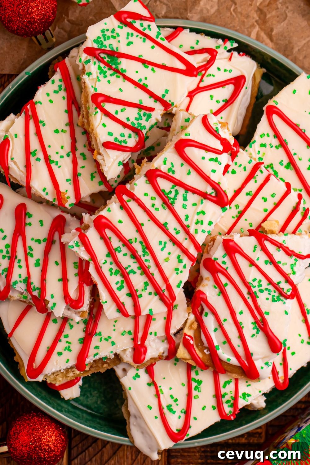 Christmas Tree Crack in a green plate on table broken apart