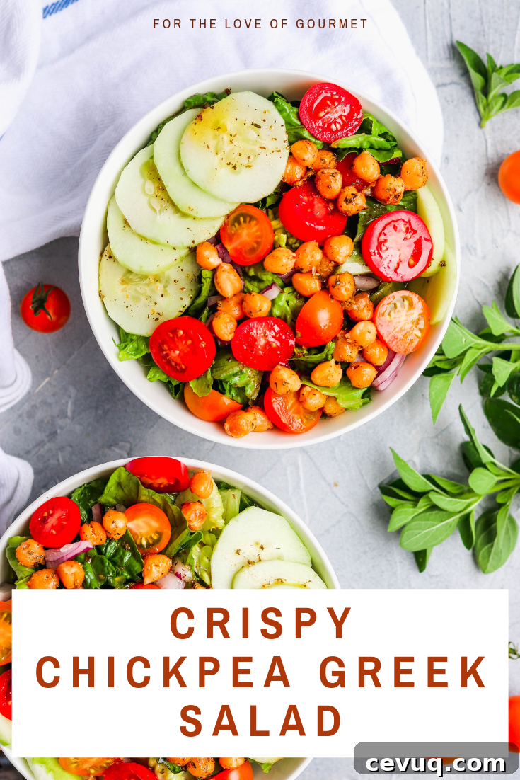 Crispy chickpea Greek salad is a delicious lunch or dinner. This vegan recipe is also an easy salad recipe to enjoy for lunch or dinner. It's a great summer salad or great to enjoy all year. Perfect desk lunch or for meal prep! #Greeksalad #vegan