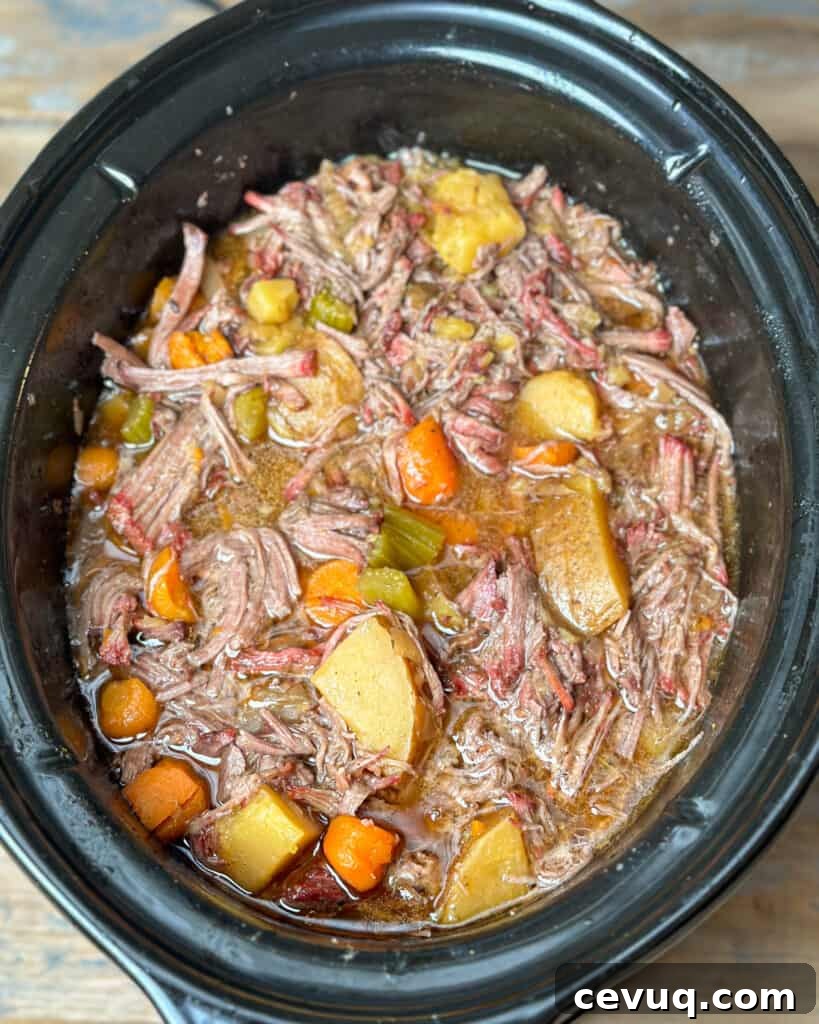 Shredded pot roast mixed with vegetables